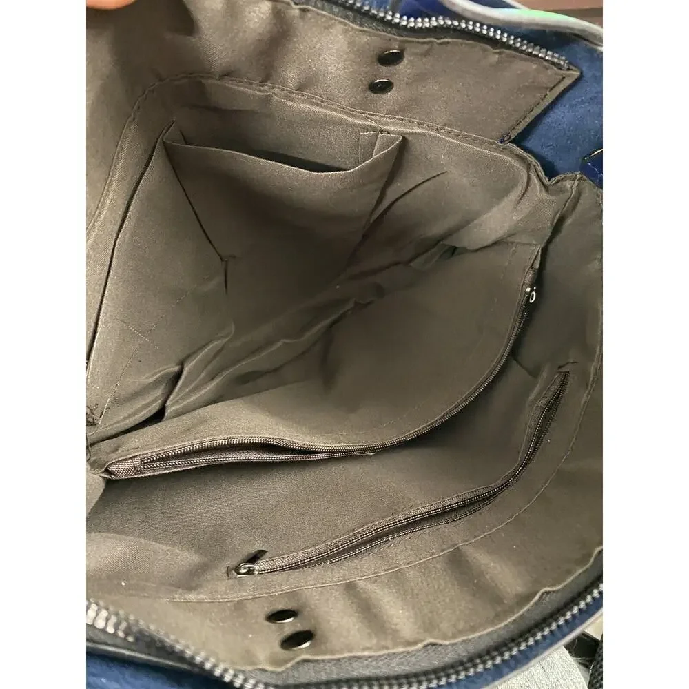 Y2K Womens Blue Colored Tote Handbag Convertible Crossbody Silver Faux Leather